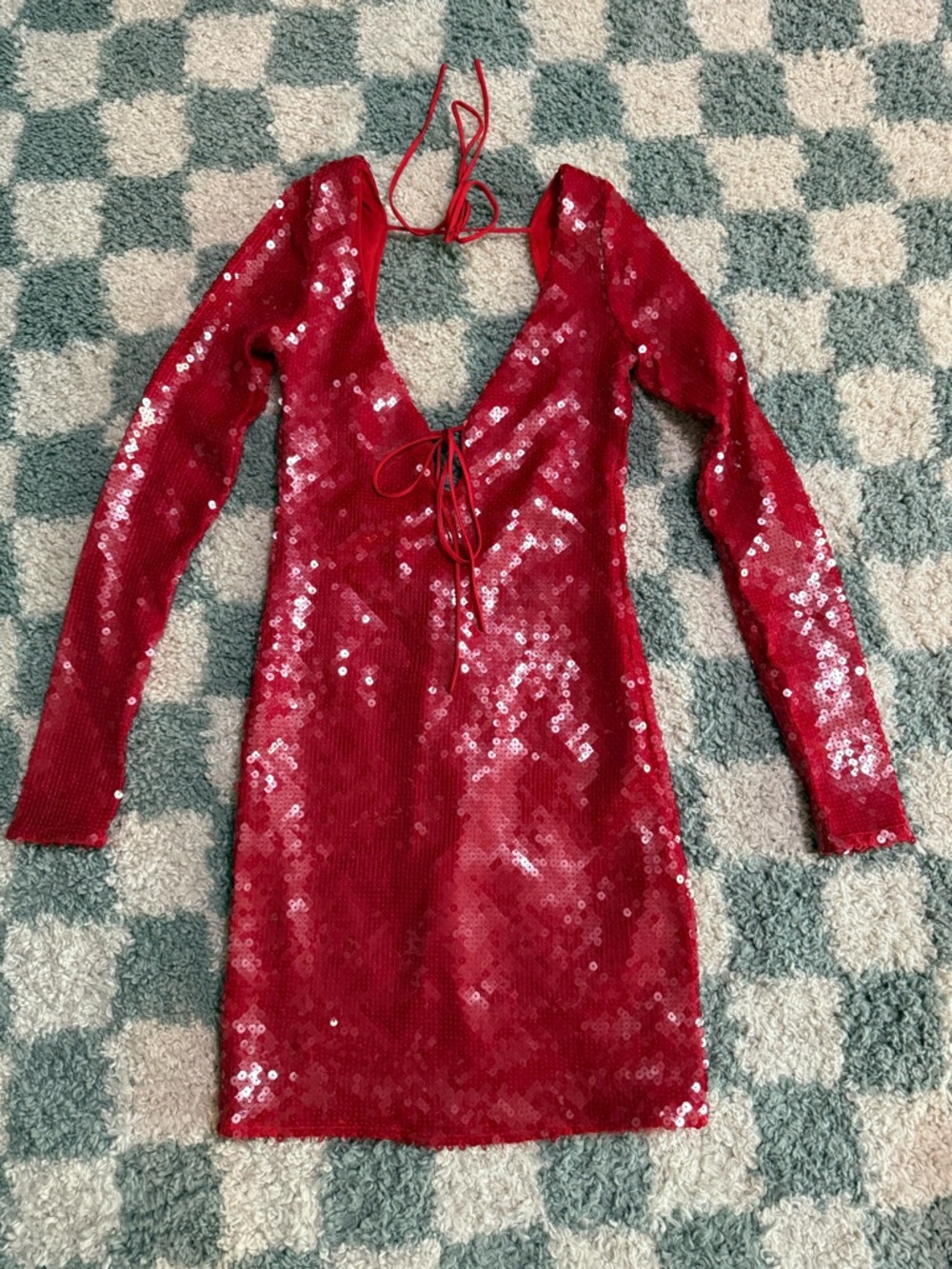 BARDOT Verona Red Long Sleeve Sequin Mini Dress Backless Bow Detail Formal Event - Picture 4 of 16